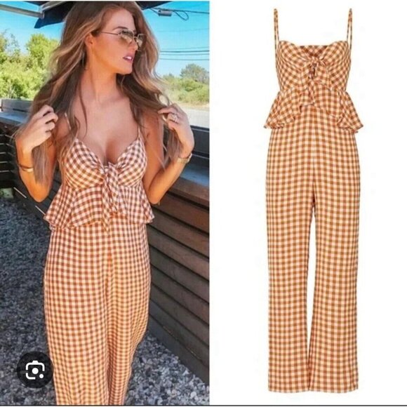 Saylor Pants - Saylor Jumpsuit Women Medium Orange White Bohemian Wide Leg Western Gingham RTR